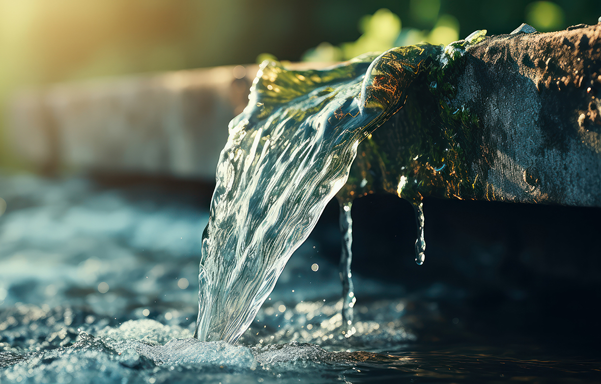 Wasser läuft über eine Stufe ins Gewässer